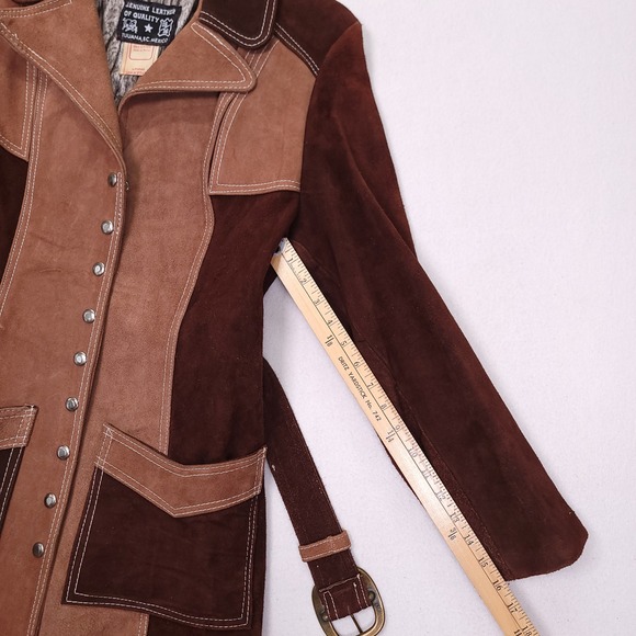 Vintage 70s Two Tone Brown Patchwork Suede Leather Western Belted Jacket 15/16 - Picture 5 of 9